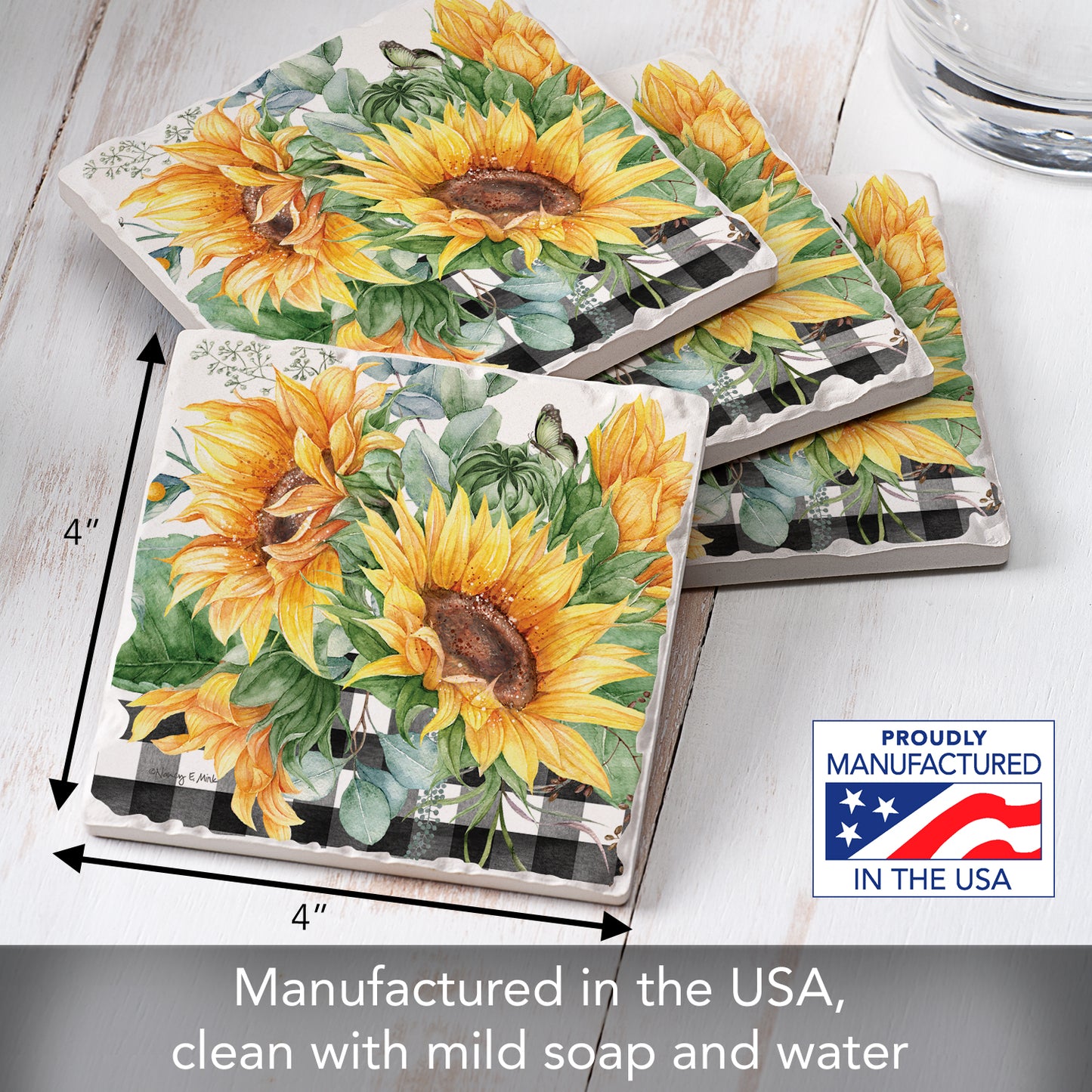Thirstystone Sunflower Fields 4 Pack Tumbled Tile Stone Coasters 4" Square Manufactured in the USA