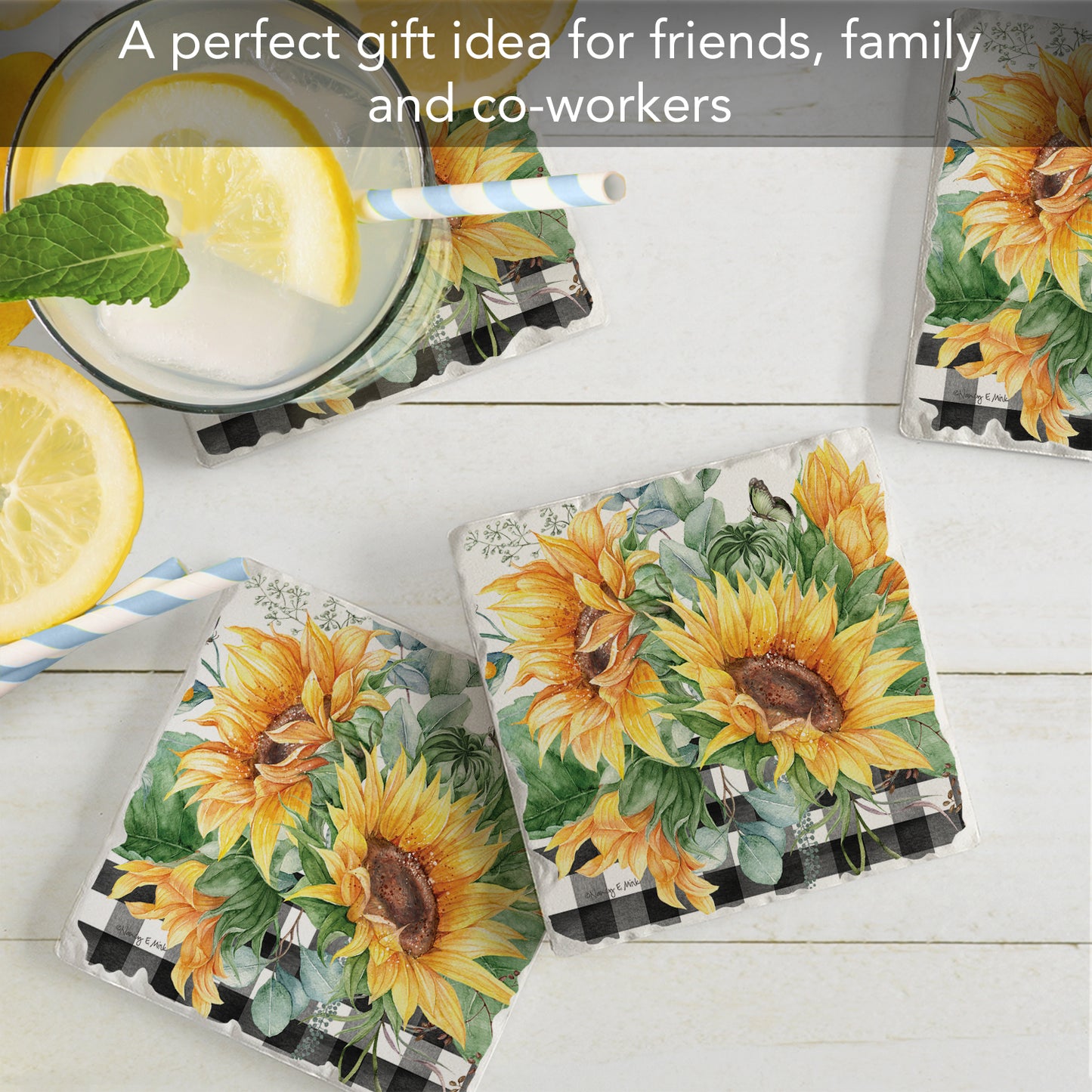 Thirstystone Sunflower Fields 4 Pack Tumbled Tile Stone Coasters 4" Square Manufactured in the USA