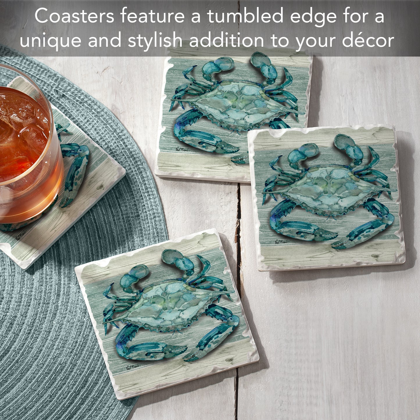 Thirstystone Northpoint Crab 4 Pack Tumbled Tile Stone Coasters 4" Square Manufactured in the USA