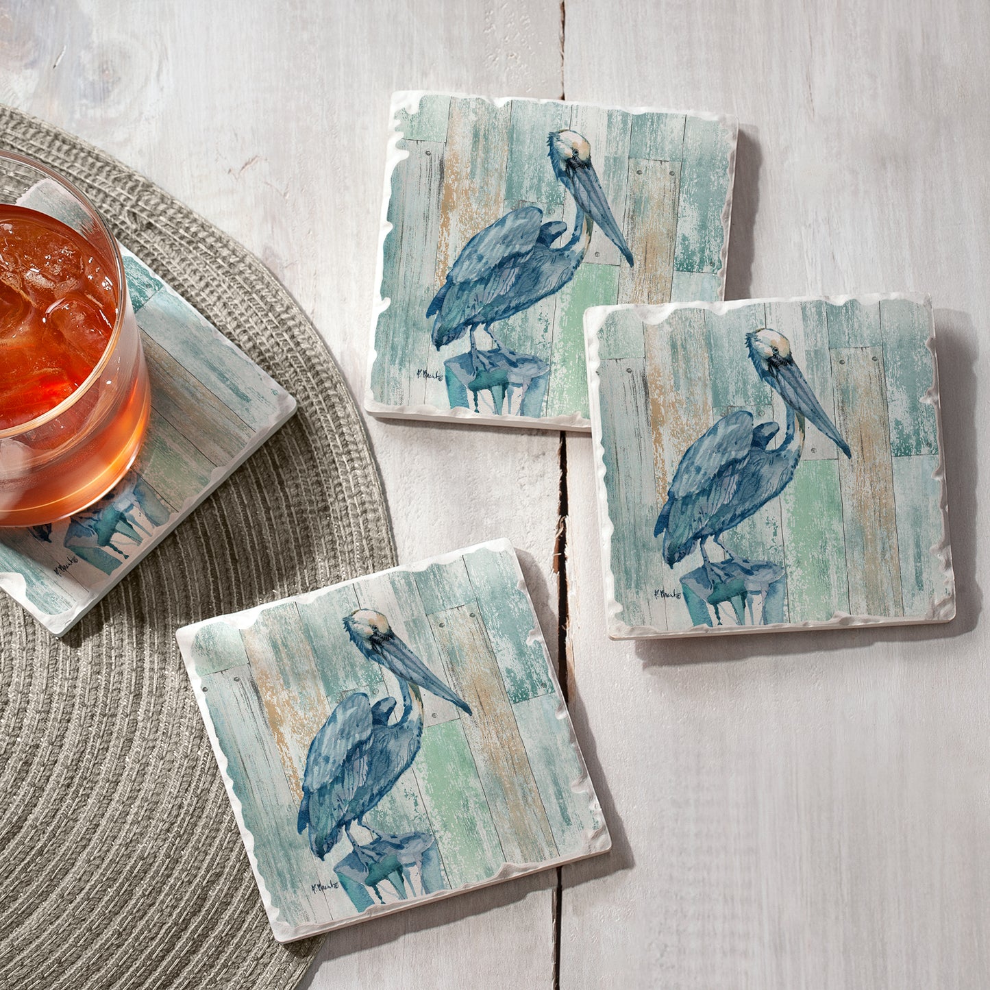 Thirstystone Arianna Pelican 4 Pack Tumbled Tile Stone Coasters 4" Square Manufactured in the USA