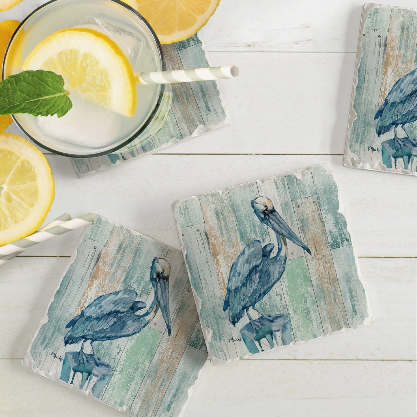 Thirstystone Arianna Pelican 4 Pack Tumbled Tile Stone Coasters 4" Square Manufactured in the USA