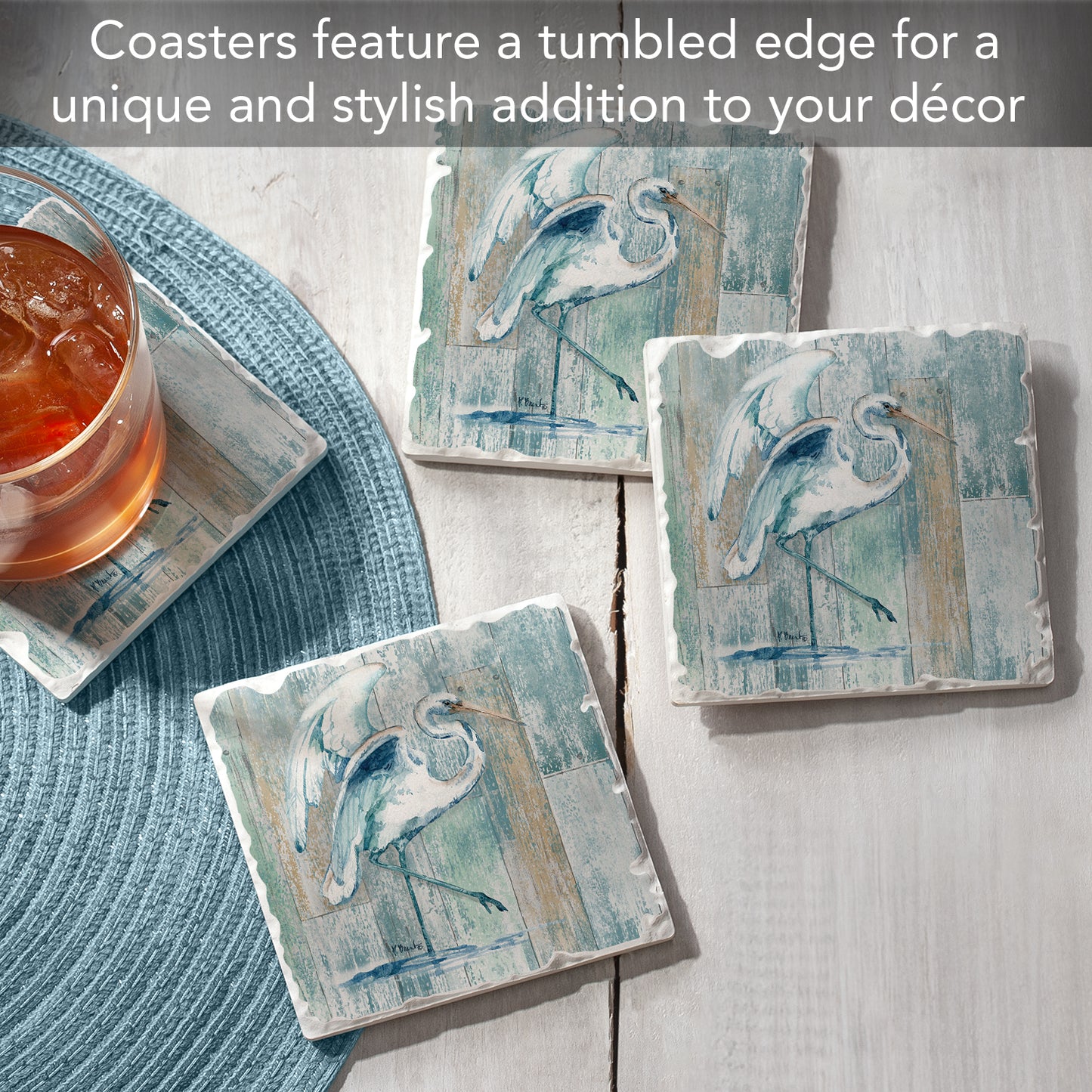 Thirstystone Arianna Egret 4-Pack Tumbled Tile Stone Coasters 4" Square Manufactured in the USA