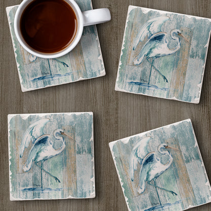 Thirstystone Arianna Egret 4-Pack Tumbled Tile Stone Coasters 4" Square Manufactured in the USA
