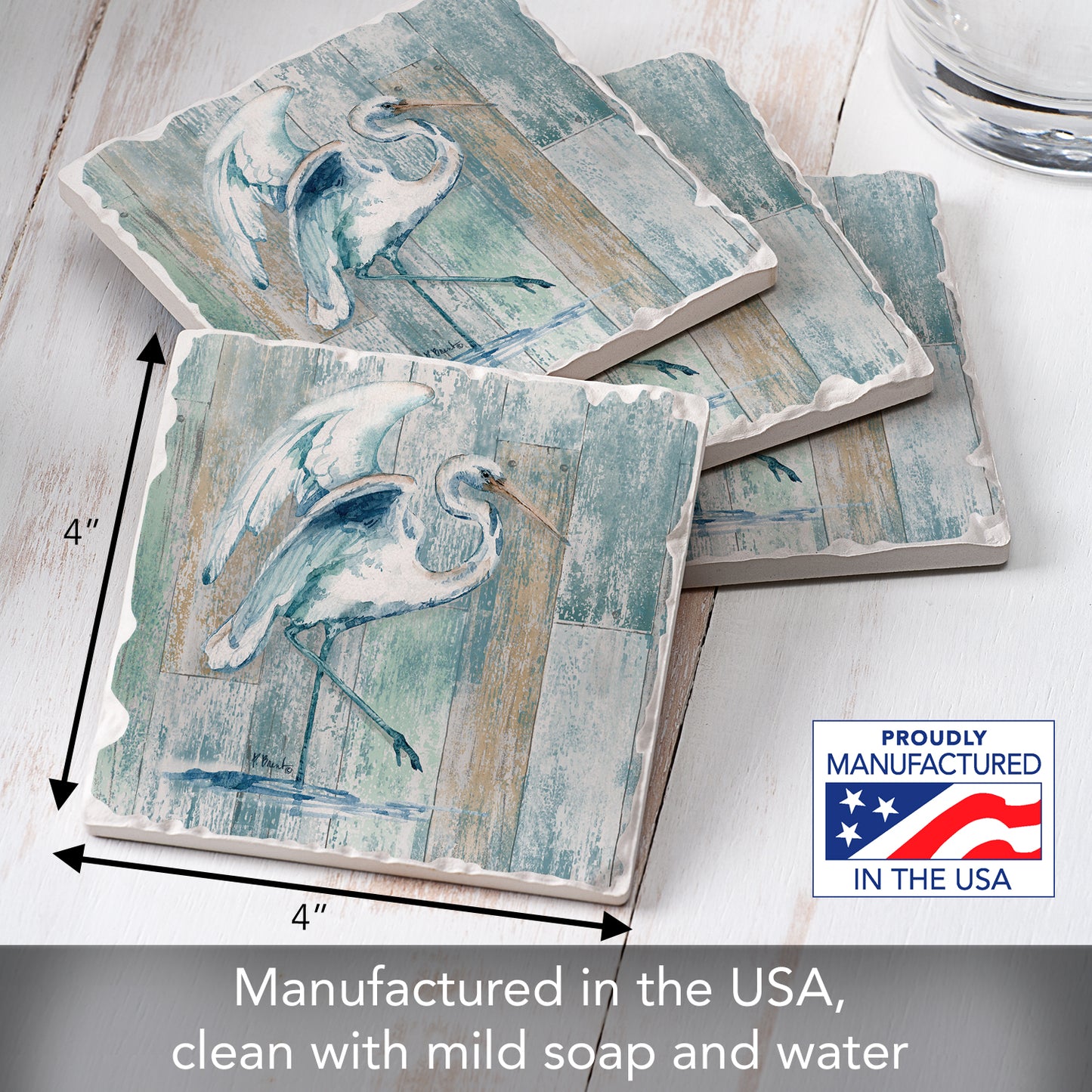 Thirstystone Arianna Egret 4-Pack Tumbled Tile Stone Coasters 4" Square Manufactured in the USA