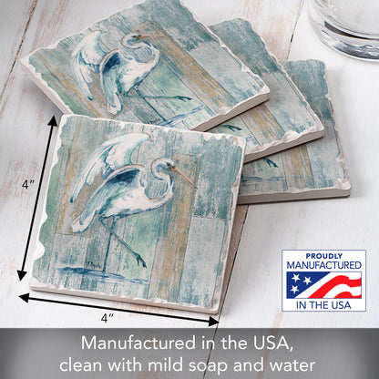 Thirstystone Arianna Egret 4-Pack Tumbled Tile Stone Coasters 4" Square Manufactured in the USA