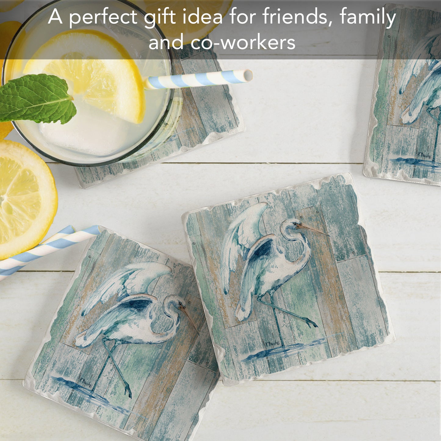 Thirstystone Arianna Egret 4-Pack Tumbled Tile Stone Coasters 4" Square Manufactured in the USA