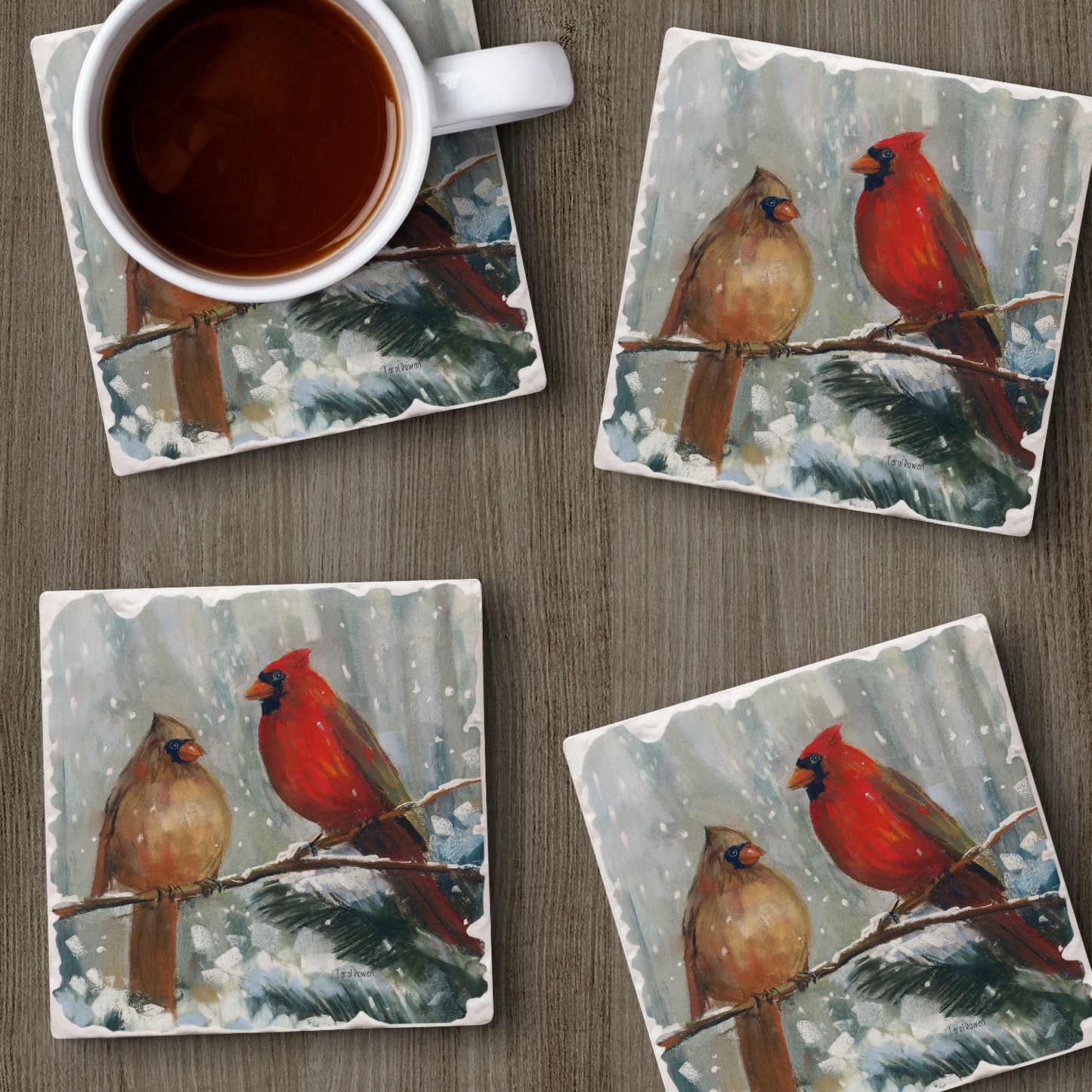 Thirstystone Winter Birds 4 Pack Assorted Tumbled Tile Stone Coasters with Protective Cork Backing 4" Square Manufactured in The USA