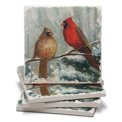 Thirstystone Winter Birds 4 Pack Assorted Tumbled Tile Stone Coasters with Protective Cork Backing 4" Square Manufactured in The USA