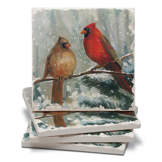 Thirstystone Winter Birds 4 Pack Assorted Tumbled Tile Stone Coasters with Protective Cork Backing 4" Square Manufactured in The USA