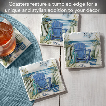 Thirstystone Chairs by The Sea 4-Pack Tumbled Tile Stone Coasters 4" Square Manufactured in the USA
