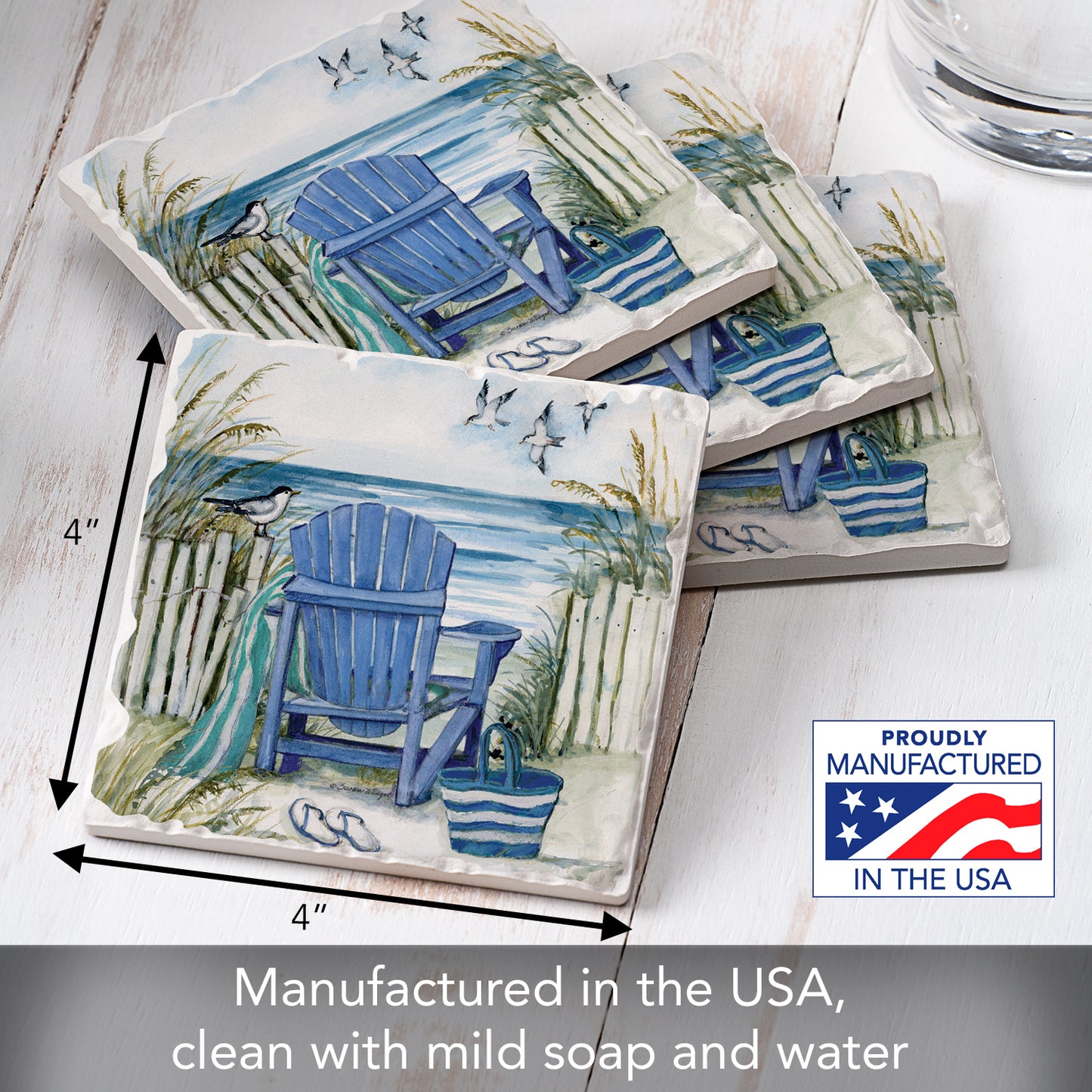 Thirstystone Chairs by The Sea 4-Pack Tumbled Tile Stone Coasters 4" Square Manufactured in the USA
