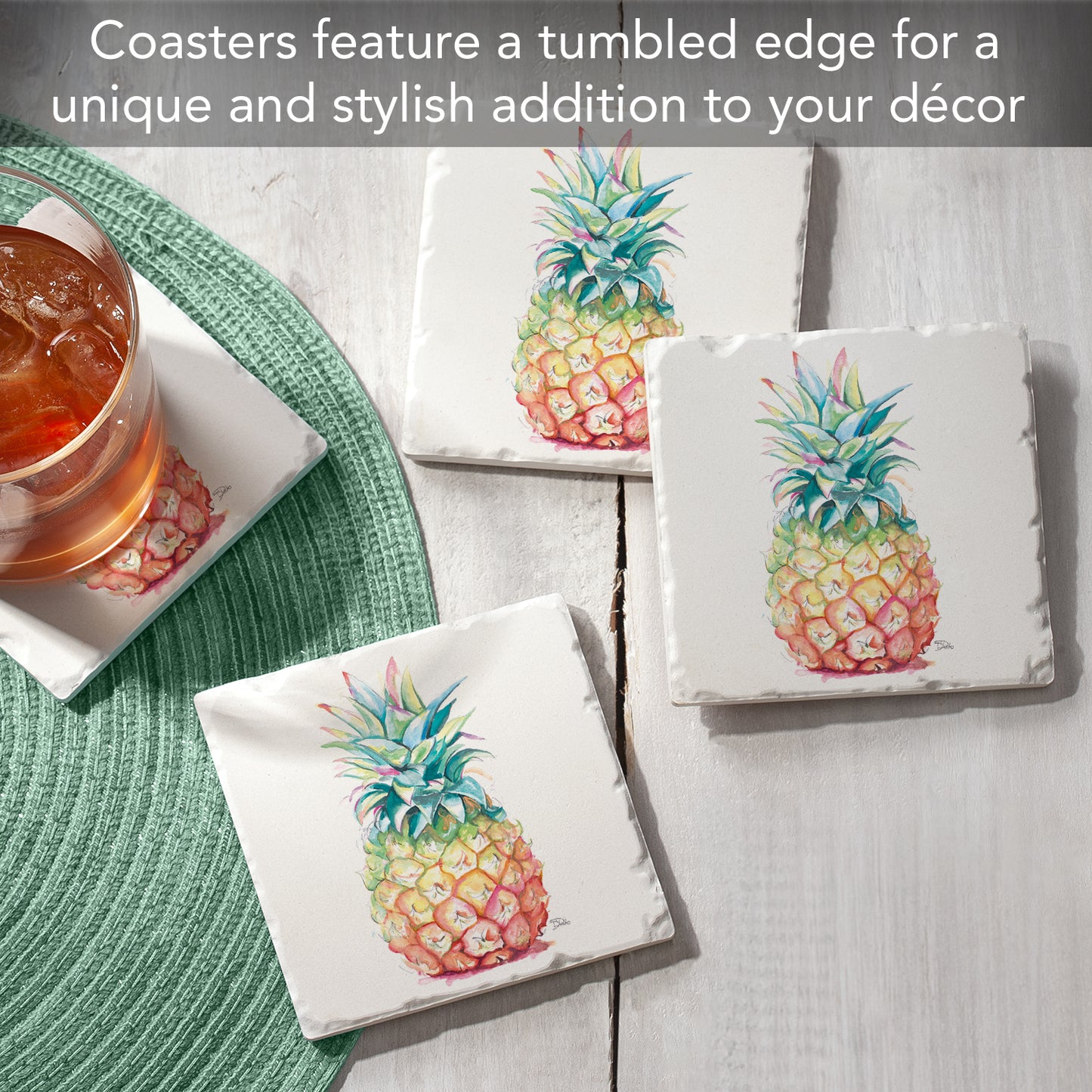 Thirstystone Hawaiian Pineapple 4 Pack Tumbled Tile Stone Coasters 4" Square Manufactured in the USA