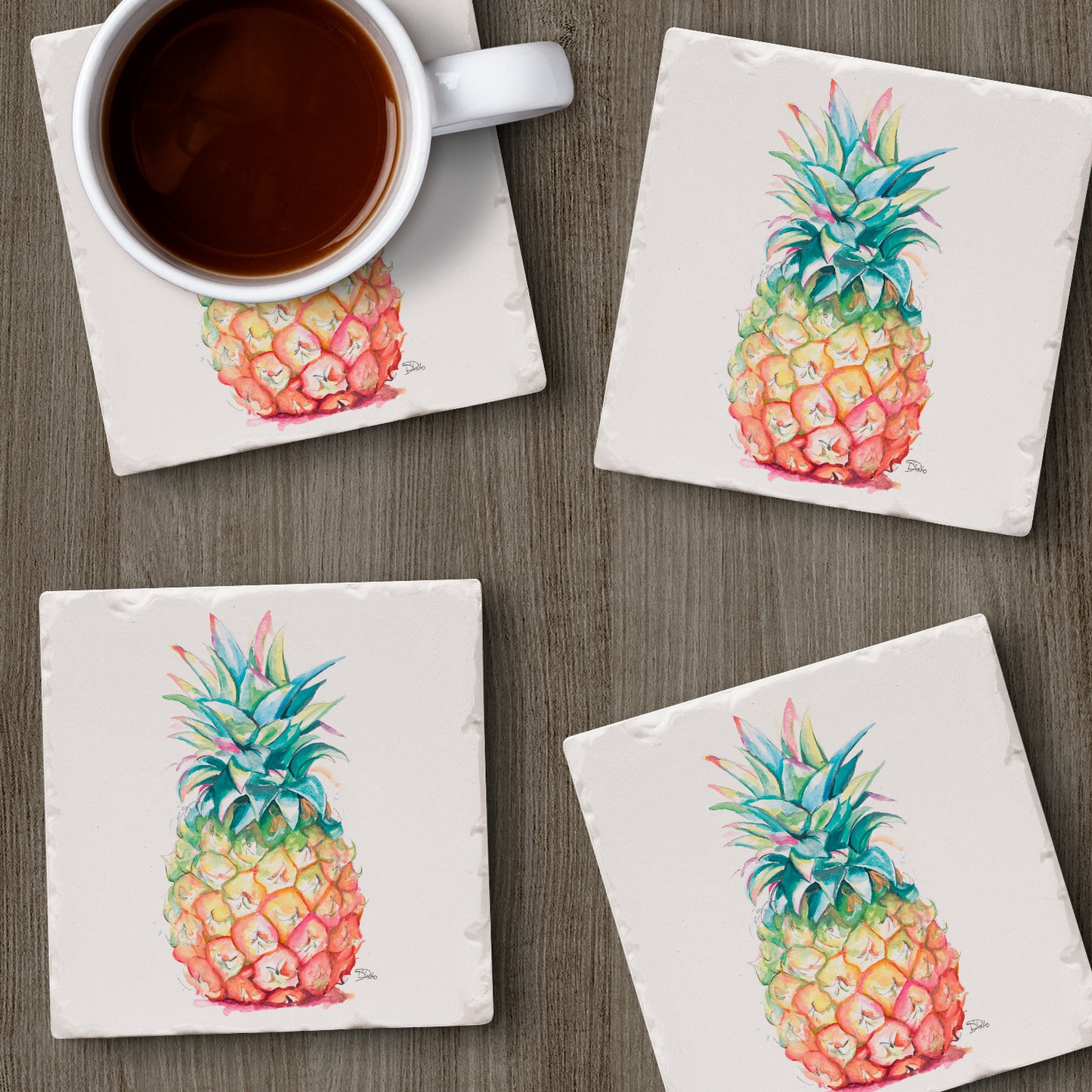 Thirstystone Hawaiian Pineapple 4 Pack Tumbled Tile Stone Coasters 4" Square Manufactured in the USA