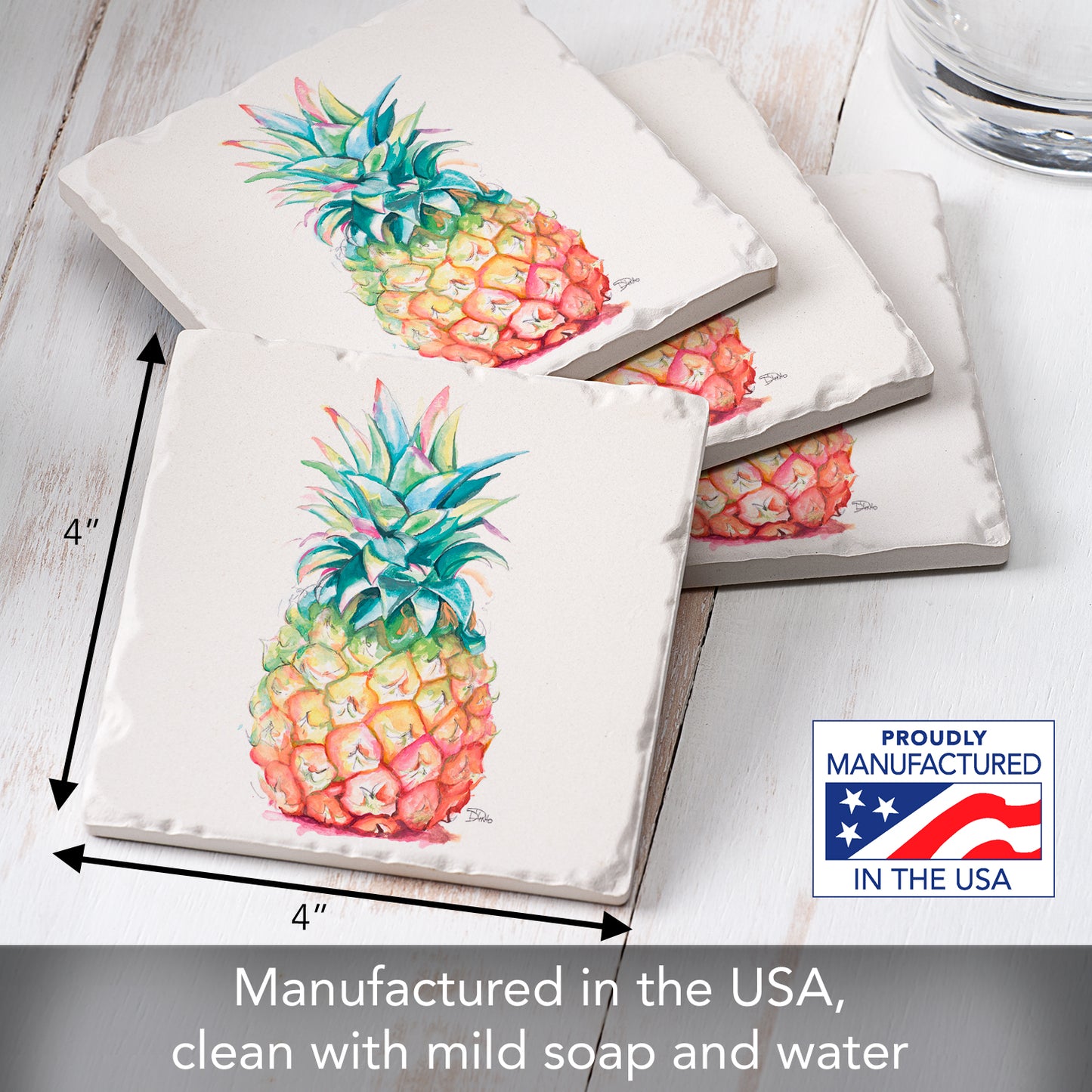 Thirstystone Hawaiian Pineapple 4 Pack Tumbled Tile Stone Coasters 4" Square Manufactured in the USA