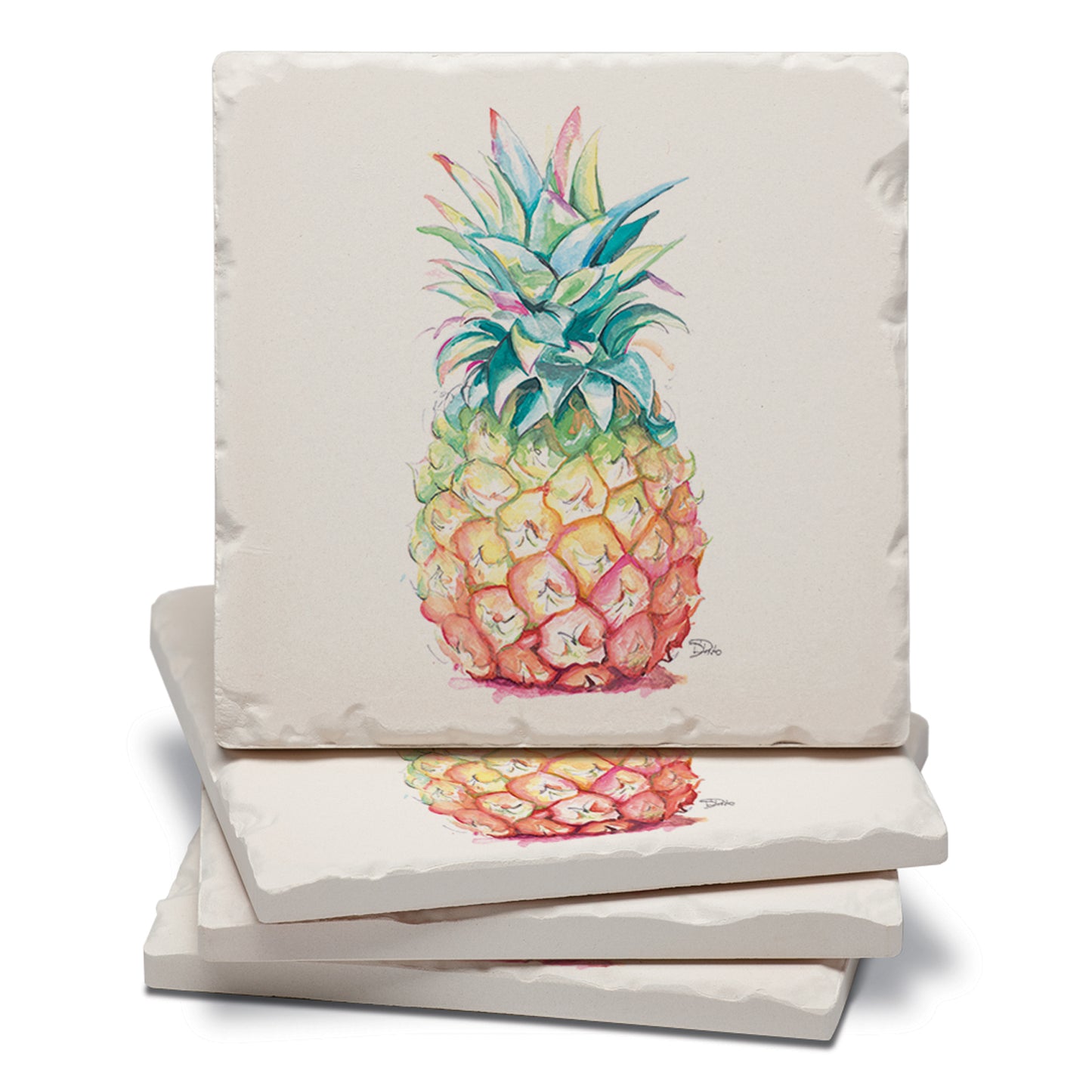 Thirstystone Hawaiian Pineapple 4 Pack Tumbled Tile Stone Coasters 4" Square Manufactured in the USA