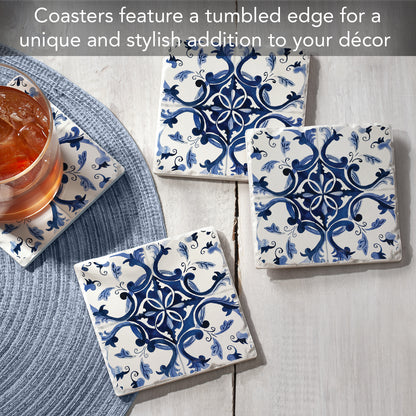 Thirstystone Blue & White Floral 4 Pack Tumbled Tile Stone Coasters 4" Square Manufactured in the USA