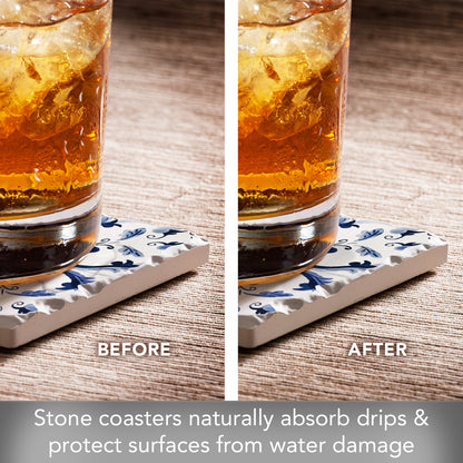 Thirstystone Blue & White Floral 4 Pack Tumbled Tile Stone Coasters 4" Square Manufactured in the USA