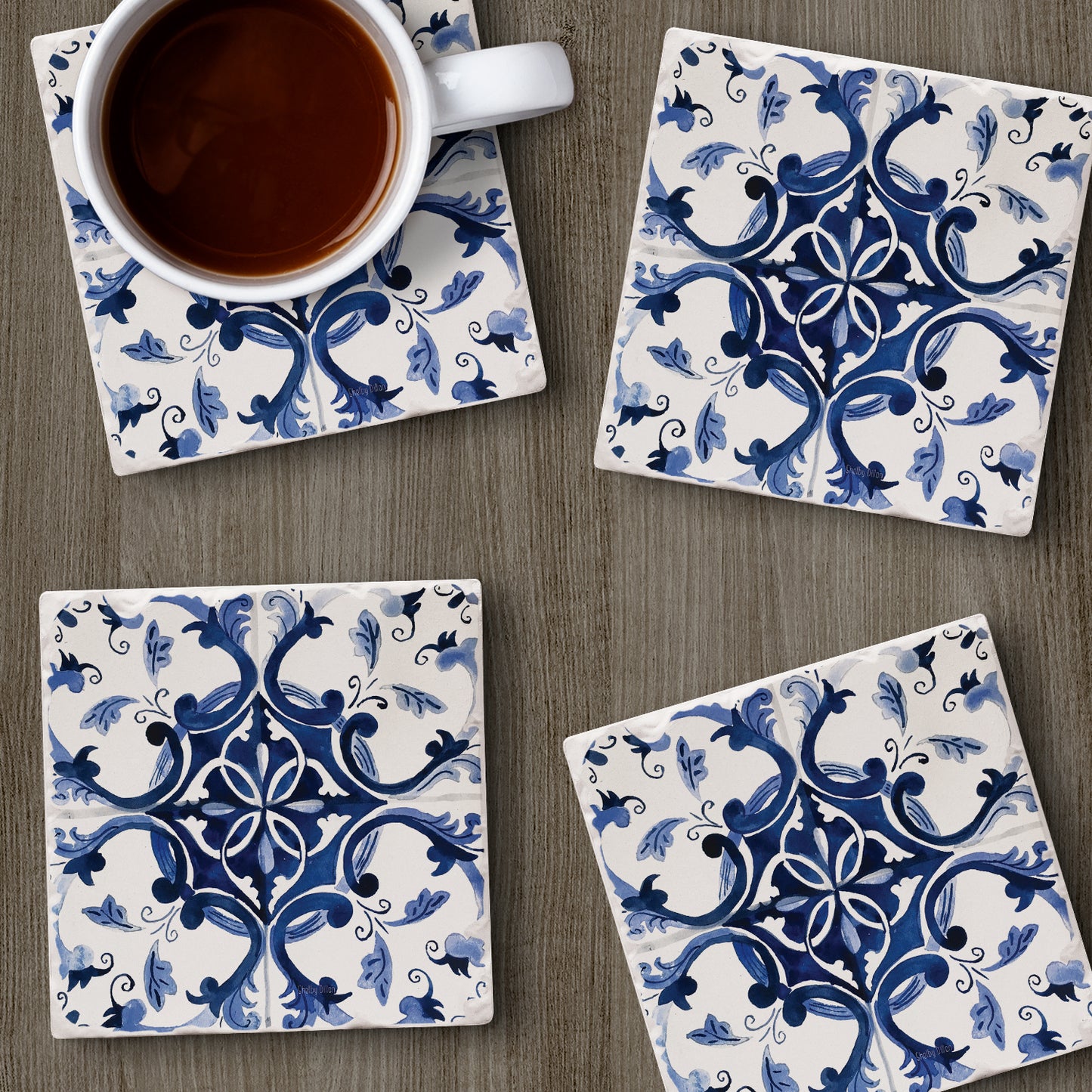 Thirstystone Blue & White Floral 4 Pack Tumbled Tile Stone Coasters 4" Square Manufactured in the USA