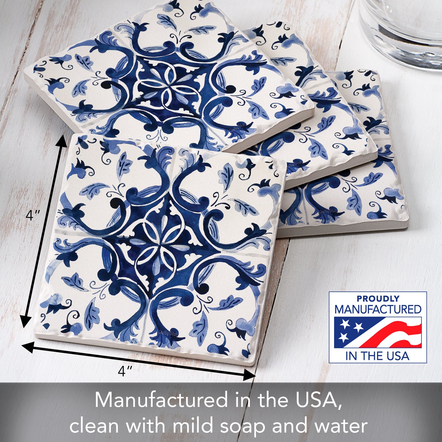 Thirstystone Blue & White Floral 4 Pack Tumbled Tile Stone Coasters 4" Square Manufactured in the USA