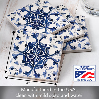 Thirstystone Blue & White Floral 4 Pack Tumbled Tile Stone Coasters 4" Square Manufactured in the USA