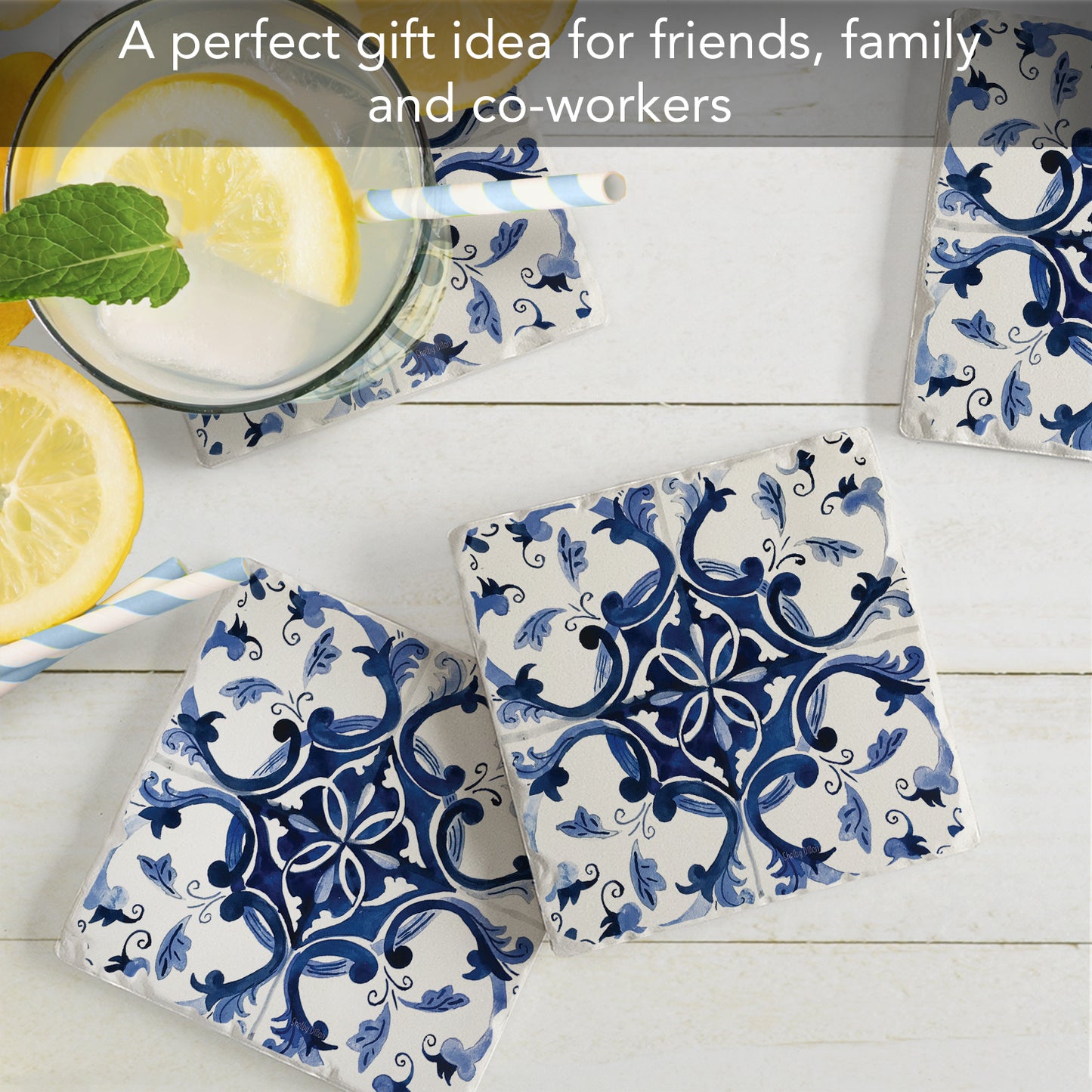 Thirstystone Blue & White Floral 4 Pack Tumbled Tile Stone Coasters 4" Square Manufactured in the USA