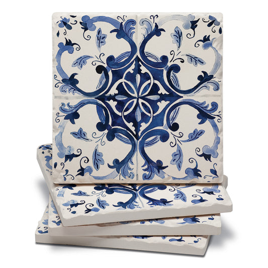 Thirstystone Blue & White Floral 4 Pack Tumbled Tile Stone Coasters 4" Square Manufactured in the USA
