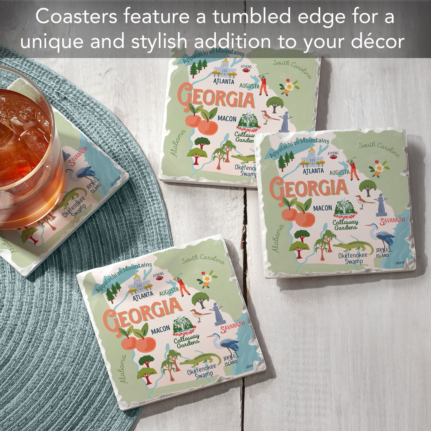 Thirstystone Georgia Attractions 4 Pack Tumbled Tile Stone Coasters 4” Square Manufactured in the USA