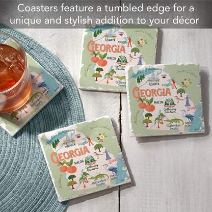 Thirstystone Georgia Attractions 4 Pack Tumbled Tile Stone Coasters 4” Square Manufactured in the USA