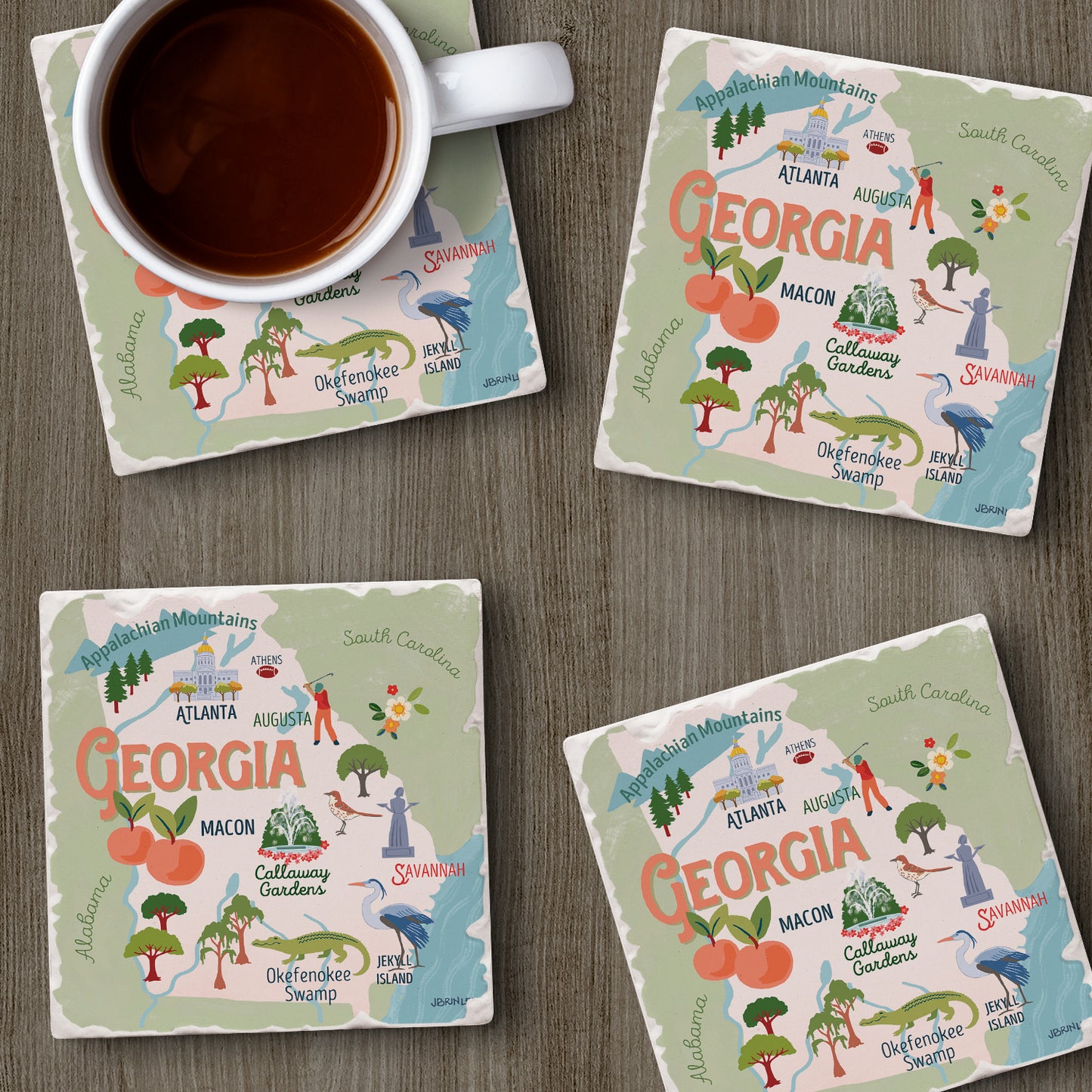 Thirstystone Georgia Attractions 4 Pack Tumbled Tile Stone Coasters 4” Square Manufactured in the USA