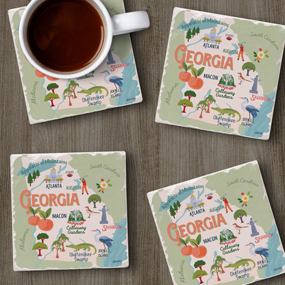 Thirstystone Georgia Attractions 4 Pack Tumbled Tile Stone Coasters 4” Square Manufactured in the USA