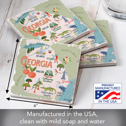 Thirstystone Georgia Attractions 4 Pack Tumbled Tile Stone Coasters 4” Square Manufactured in the USA