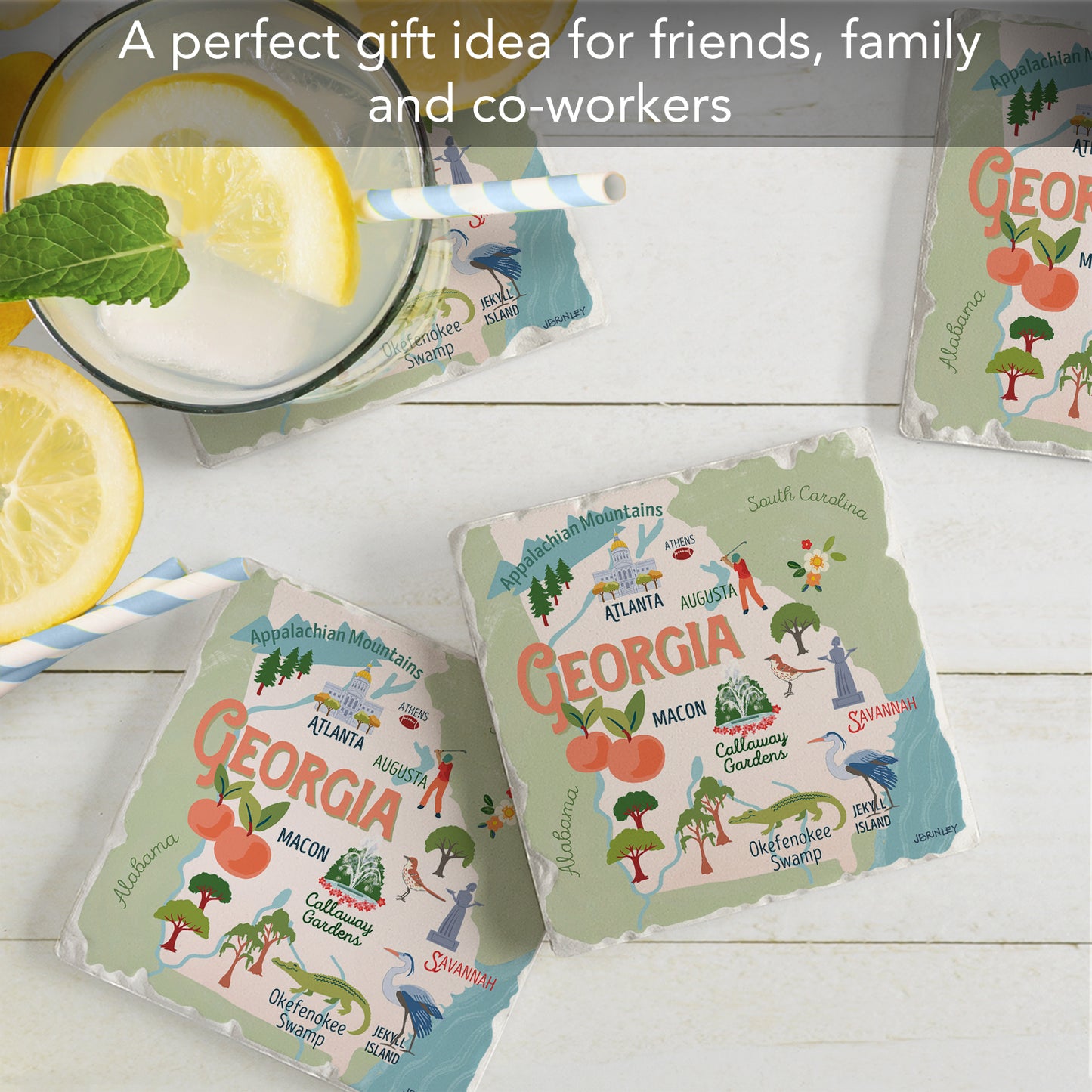 Thirstystone Georgia Attractions 4 Pack Tumbled Tile Stone Coasters 4” Square Manufactured in the USA