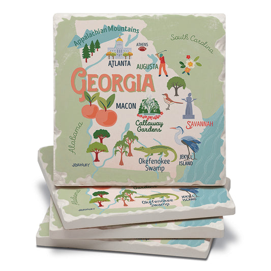 Thirstystone Georgia Attractions 4 Pack Tumbled Tile Stone Coasters 4” Square Manufactured in the USA