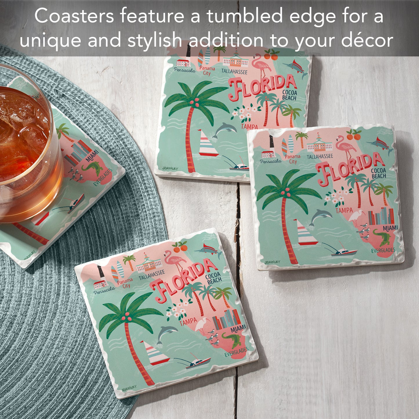Thirstystone Florida Attractions 4 Pack Tumbled Tile Stone Coasters 4” Square Manufactured in the USA