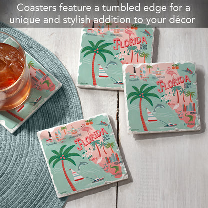 Thirstystone Florida Attractions 4 Pack Tumbled Tile Stone Coasters 4” Square Manufactured in the USA