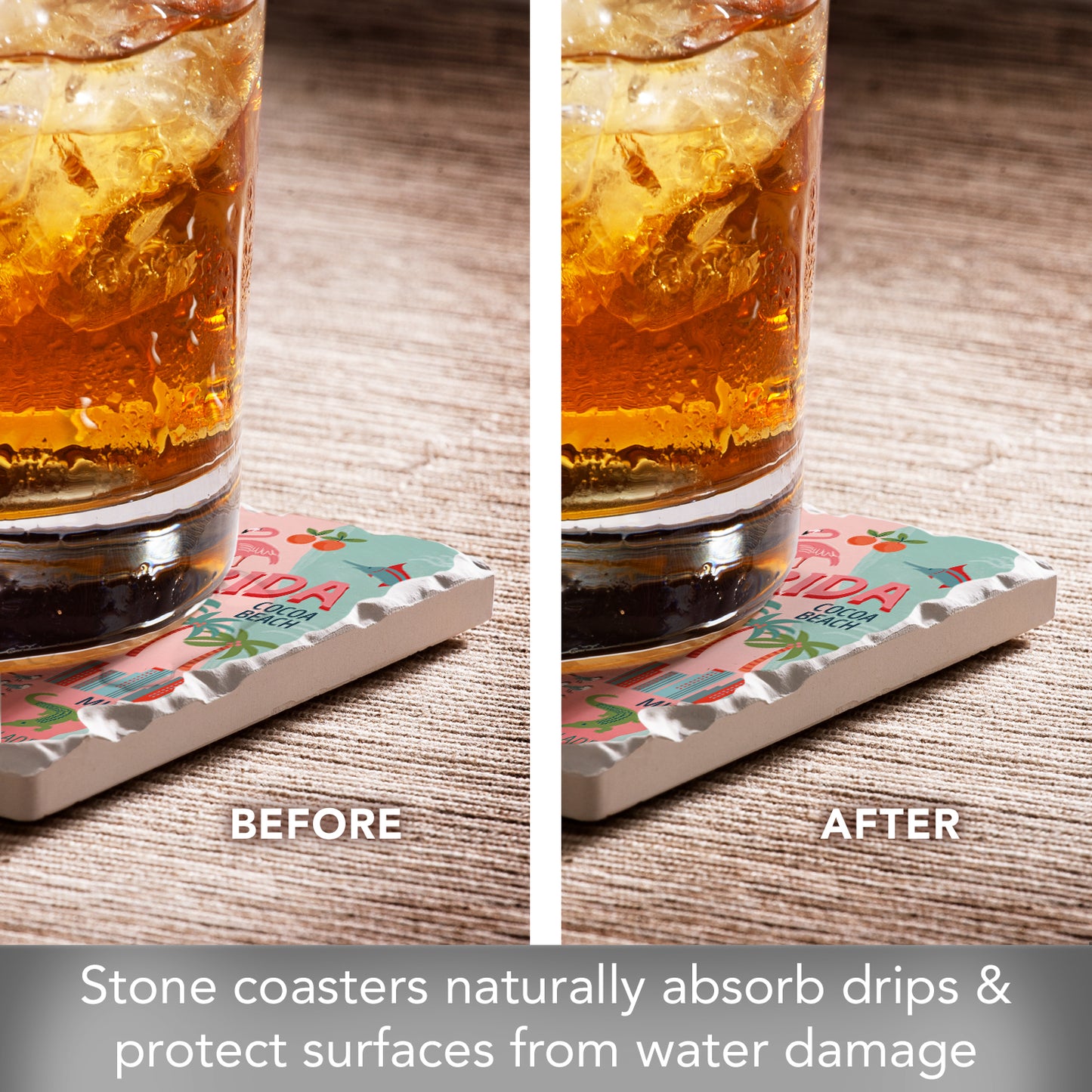 Thirstystone Florida Attractions 4 Pack Tumbled Tile Stone Coasters 4” Square Manufactured in the USA