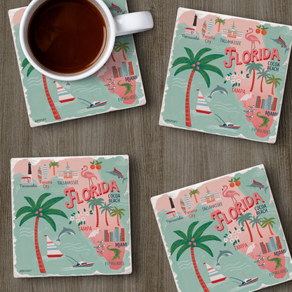 Thirstystone Florida Attractions 4 Pack Tumbled Tile Stone Coasters 4” Square Manufactured in the USA