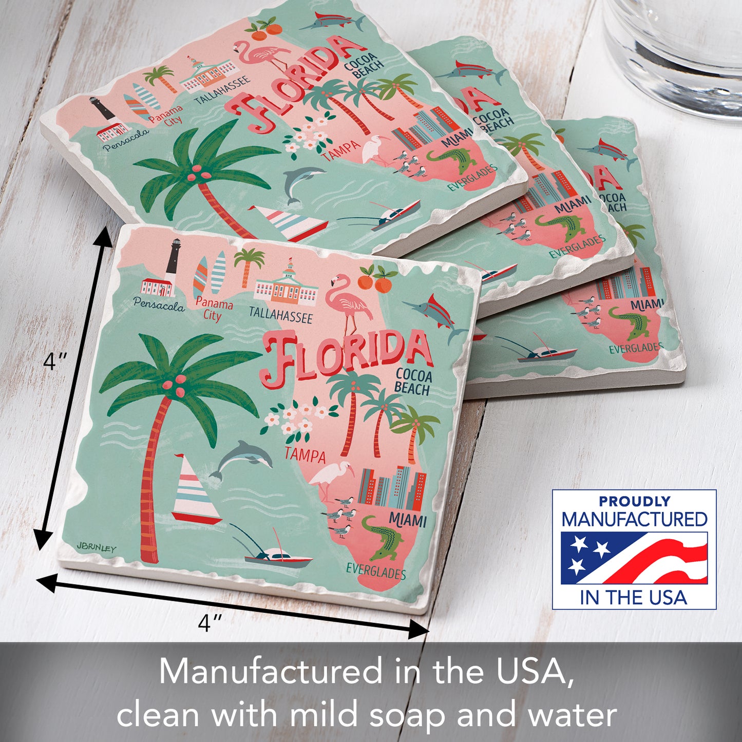 Thirstystone Florida Attractions 4 Pack Tumbled Tile Stone Coasters 4” Square Manufactured in the USA