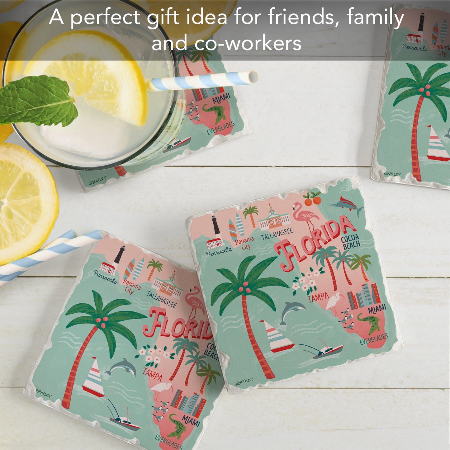 Thirstystone Florida Attractions 4 Pack Tumbled Tile Stone Coasters 4” Square Manufactured in the USA