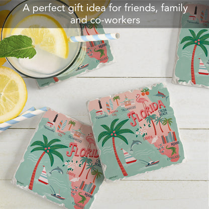 Thirstystone Florida Attractions 4 Pack Tumbled Tile Stone Coasters 4” Square Manufactured in the USA