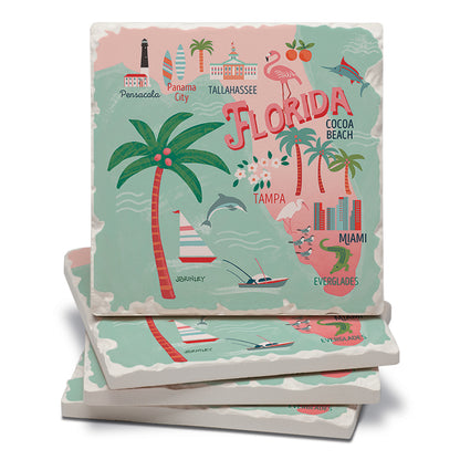 Thirstystone Florida Attractions 4 Pack Tumbled Tile Stone Coasters 4” Square Manufactured in the USA