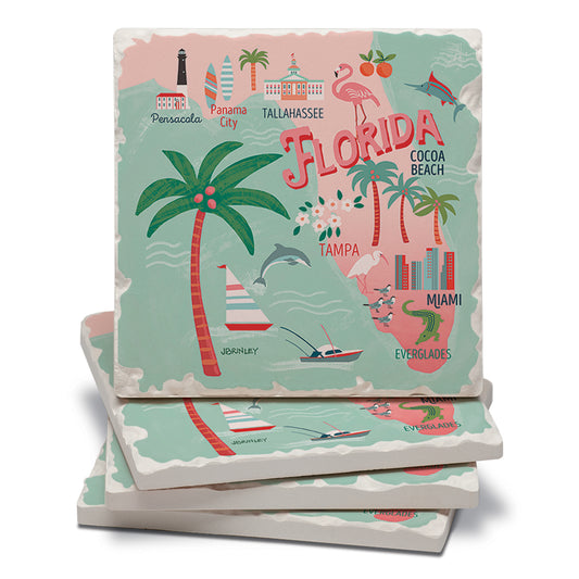Thirstystone Florida Attractions 4 Pack Tumbled Tile Stone Coasters 4” Square Manufactured in the USA
