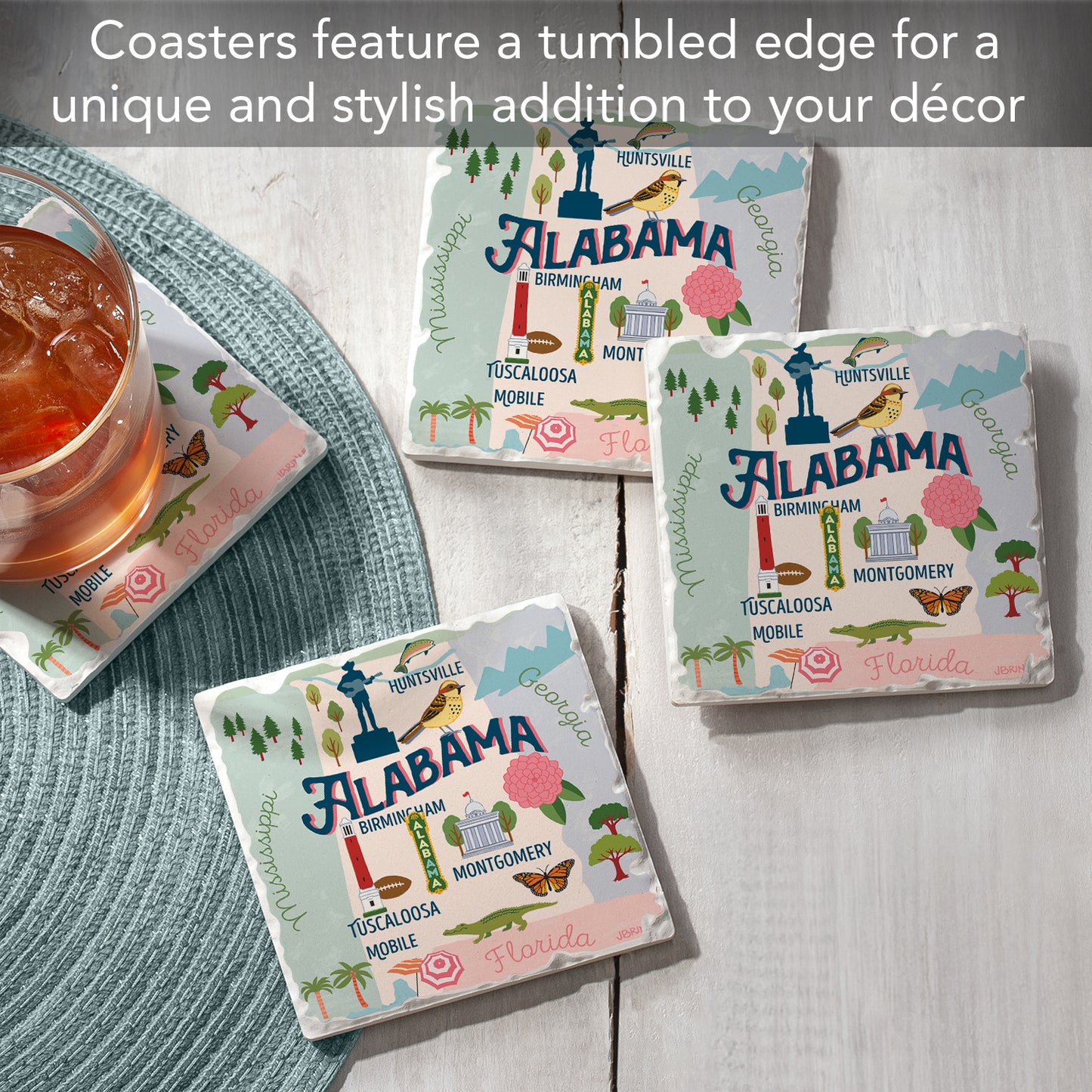 Thirstystone Alabama State Attractions 4 Pack Absorbent Stone Tumbled Tile Coasters 4” Square Manufactured in the USA