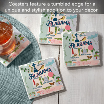 Thirstystone Alabama State Attractions 4 Pack Absorbent Stone Tumbled Tile Coasters 4” Square Manufactured in the USA