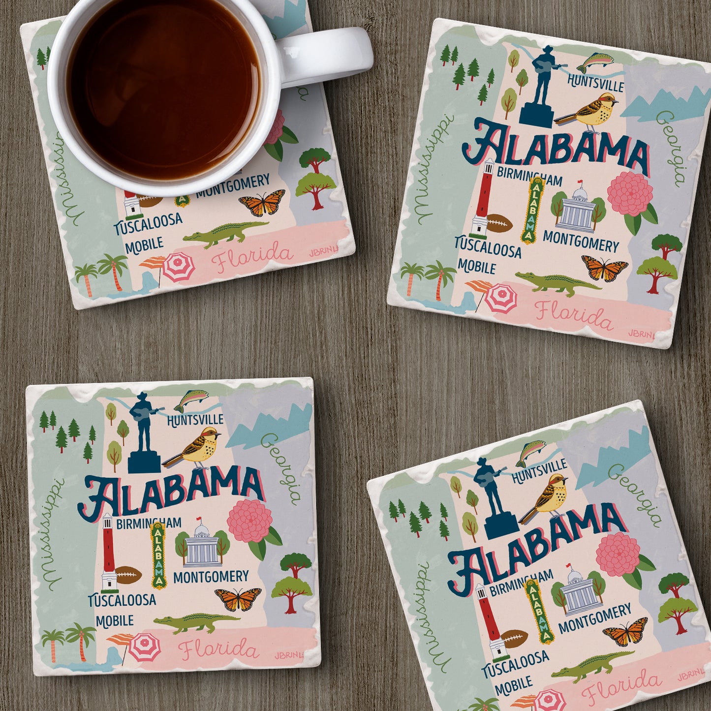 Thirstystone Alabama State Attractions 4 Pack Absorbent Stone Tumbled Tile Coasters 4” Square Manufactured in the USA