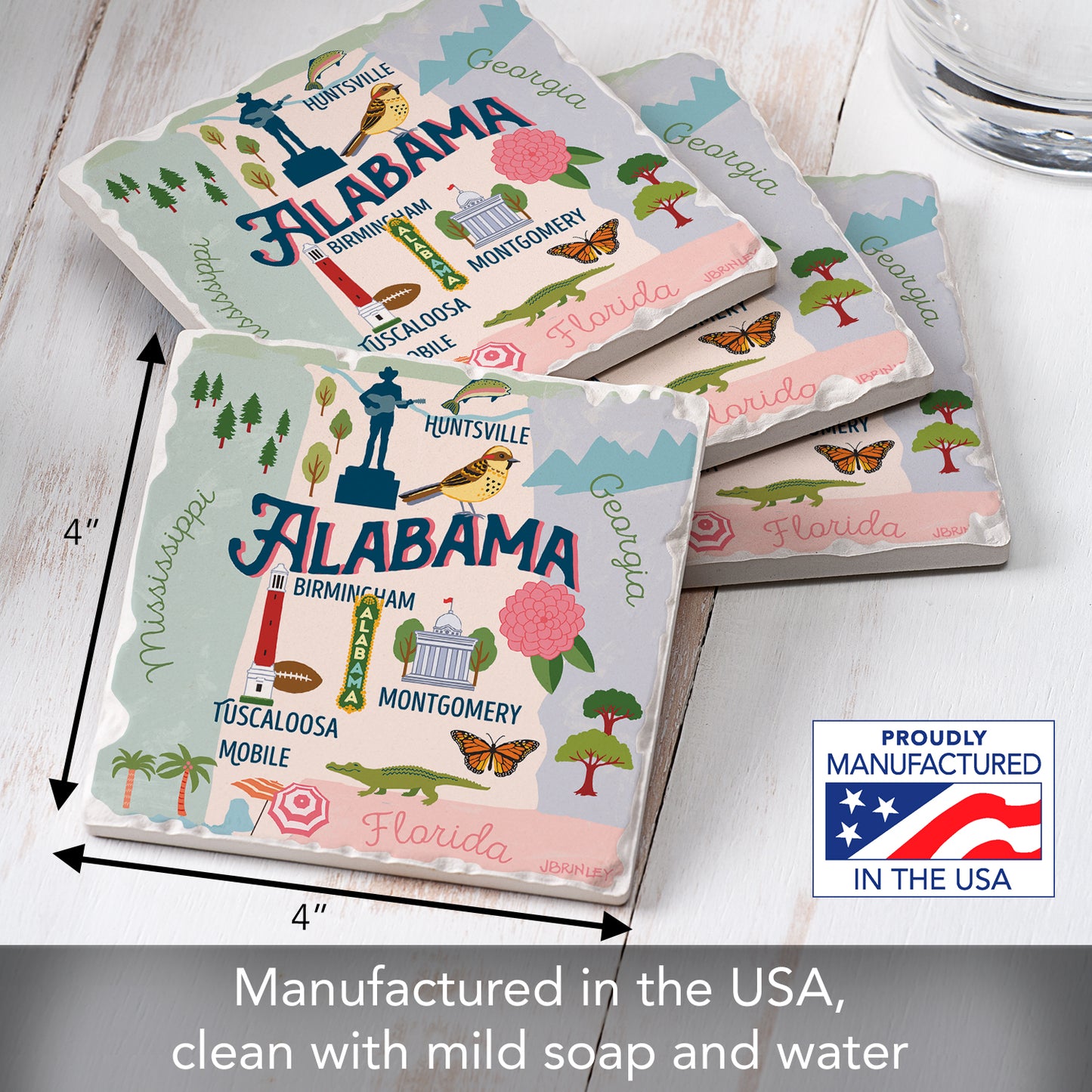 Thirstystone Alabama State Attractions 4 Pack Absorbent Stone Tumbled Tile Coasters 4” Square Manufactured in the USA
