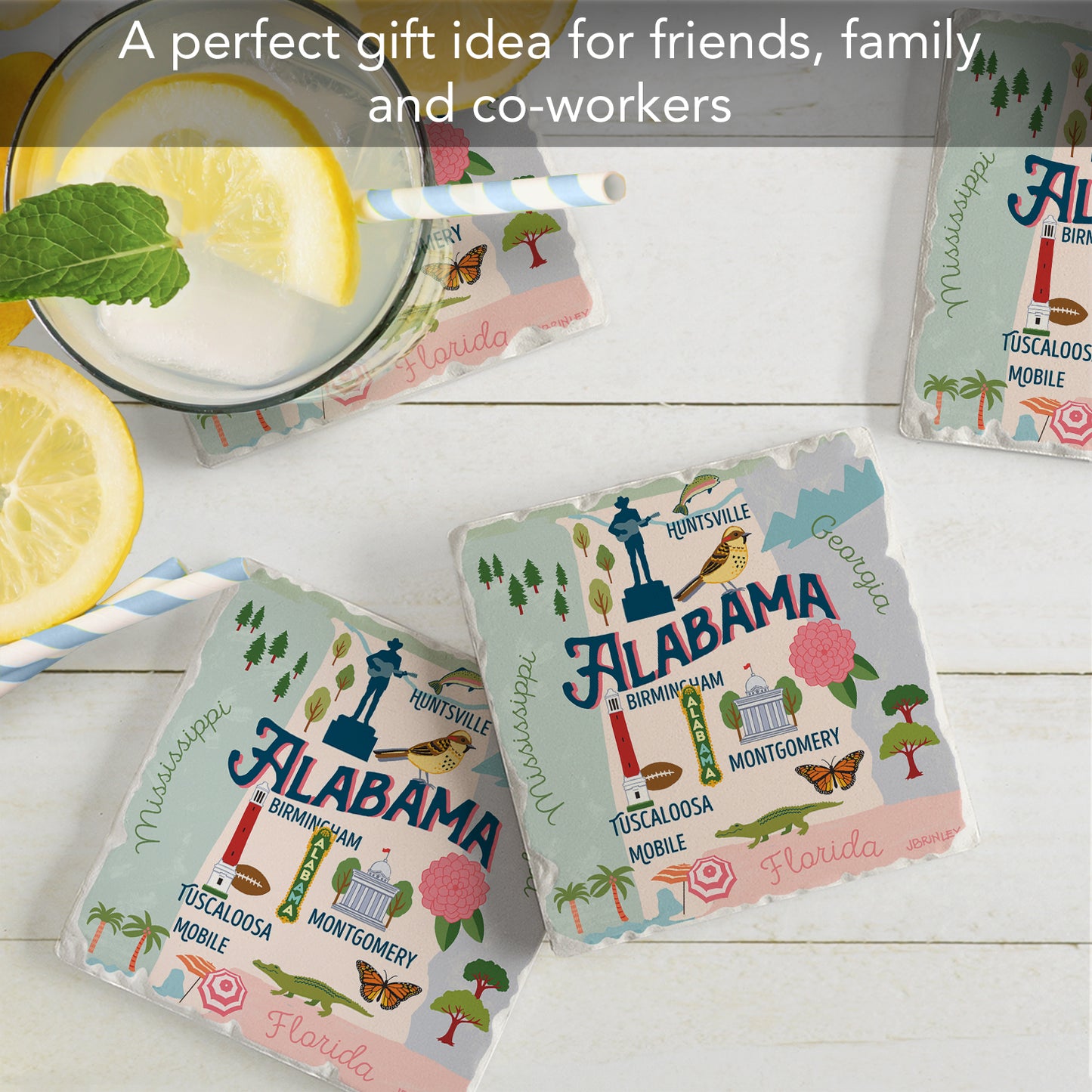 Thirstystone Alabama State Attractions 4 Pack Absorbent Stone Tumbled Tile Coasters 4” Square Manufactured in the USA