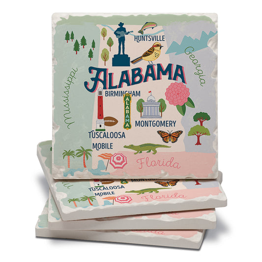 Thirstystone Alabama State Attractions 4 Pack Absorbent Stone Tumbled Tile Coasters 4” Square Manufactured in the USA