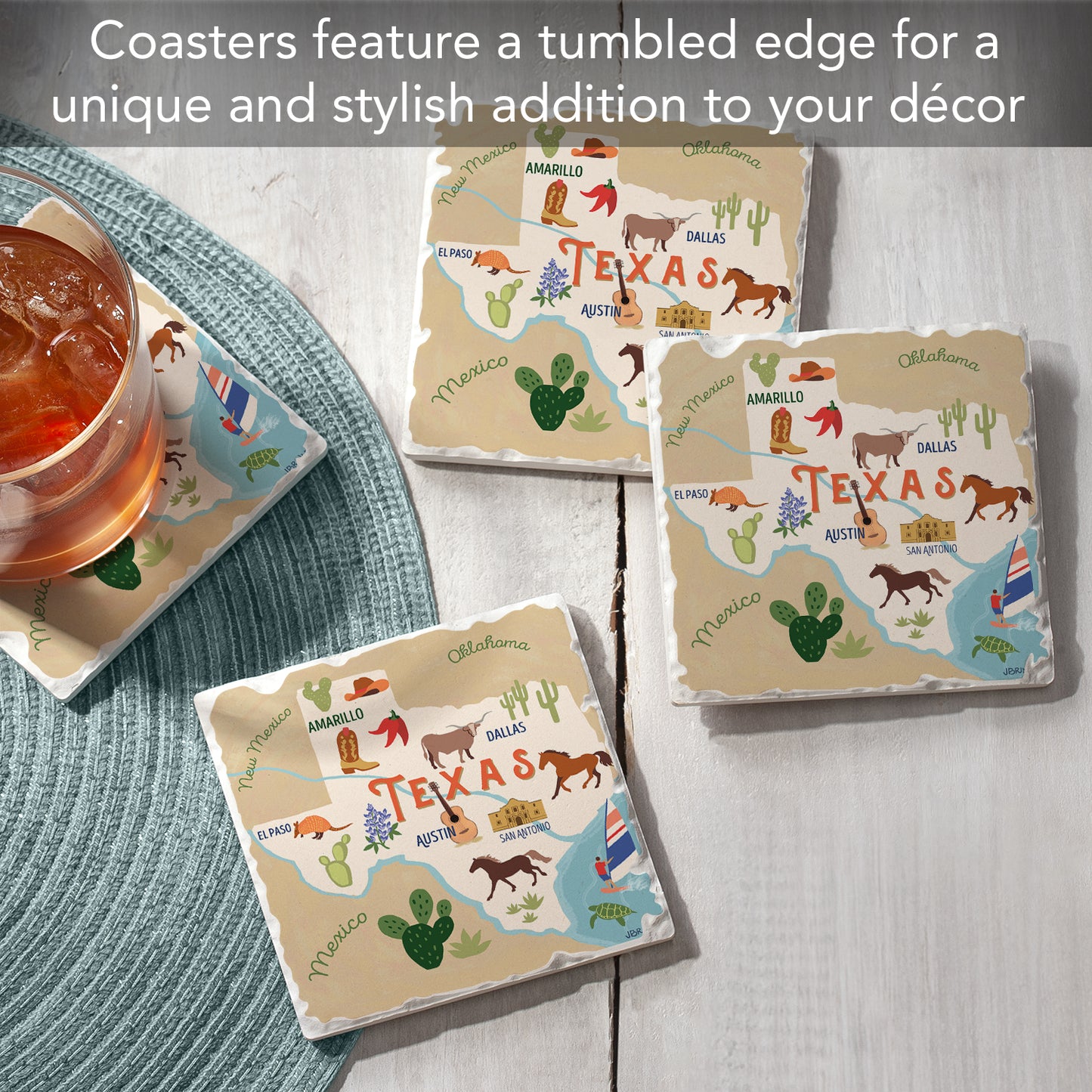 Thirstystone Texas State Attractions 4 Pack Tumbled Tile Stone Coasters 4" Square Manufactured in the USA