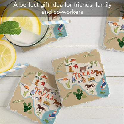 Thirstystone Texas State Attractions 4 Pack Tumbled Tile Stone Coasters 4" Square Manufactured in the USA